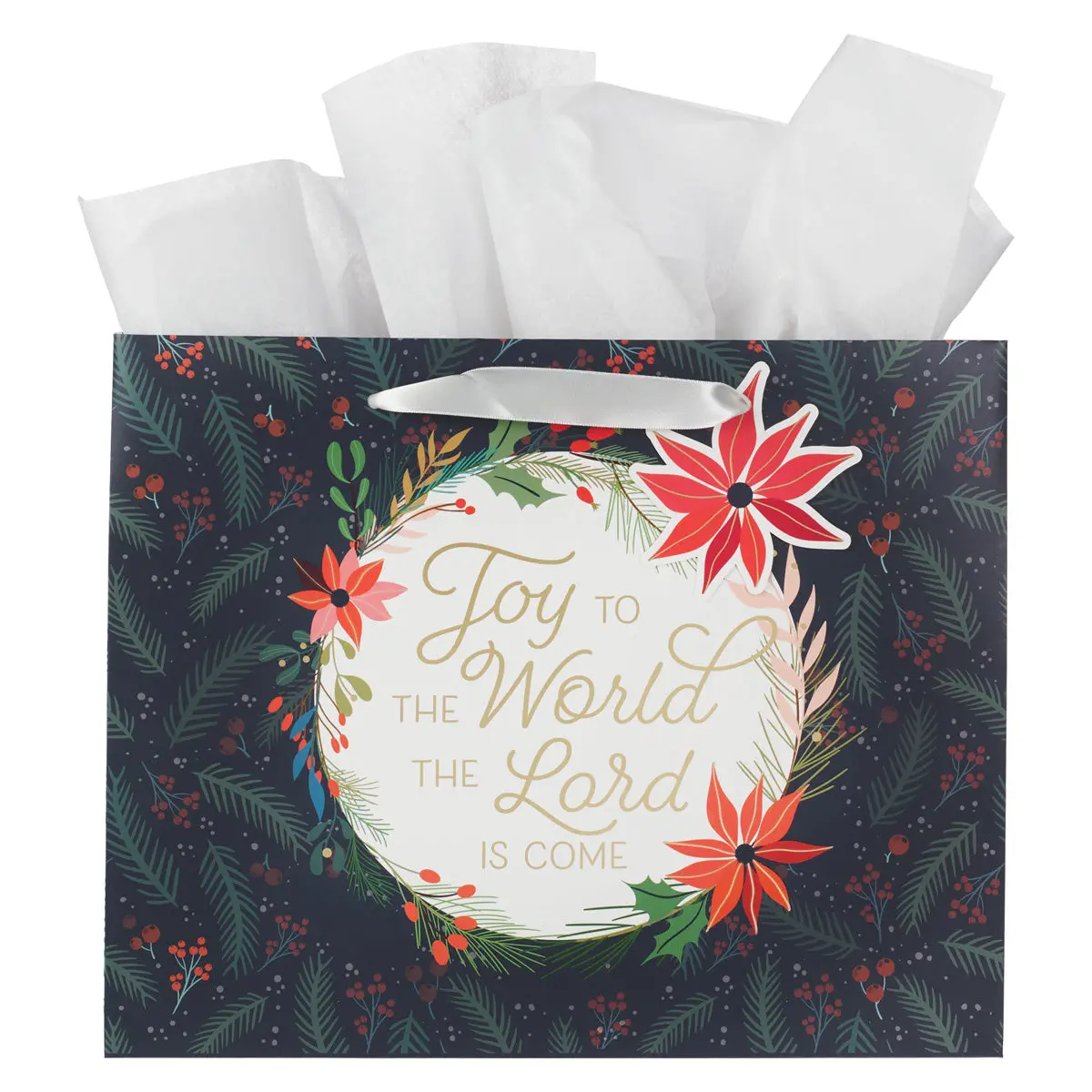 Joy To The World The Lord Is Come Poinsettia Landscape Gift Bag With Gift Tag 1