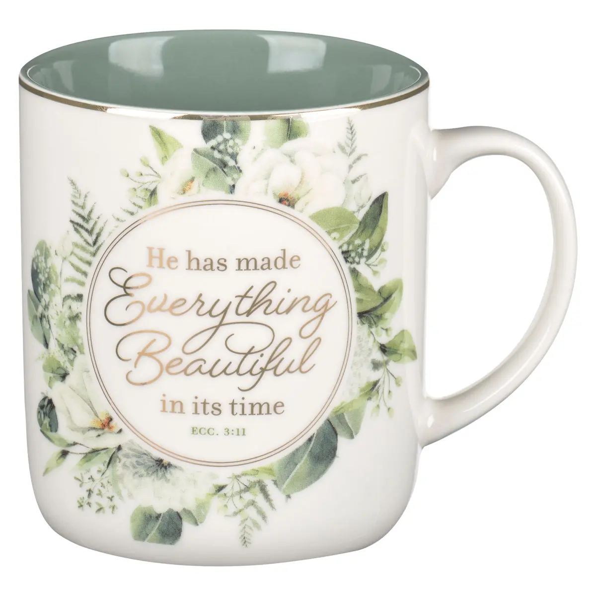 He Has Made Everything Beautiful In It's Time Floral Ceramic Mug With Green Interior 1