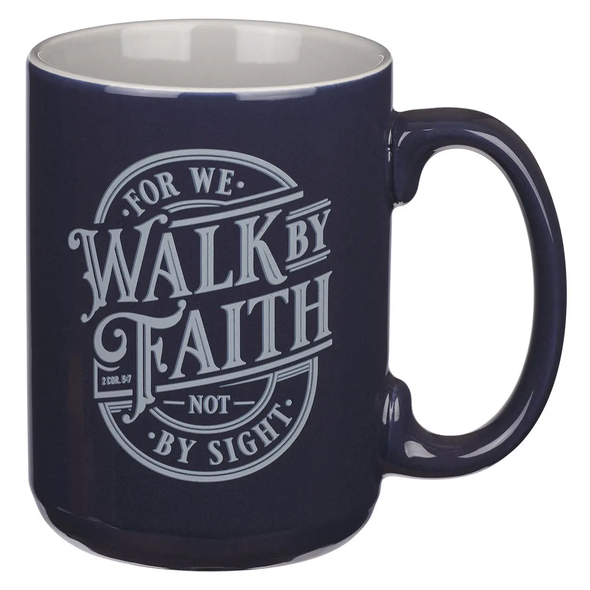 For We Walk By Faith Not By Sight Navy Ceramic Mug With Grey Interior 1