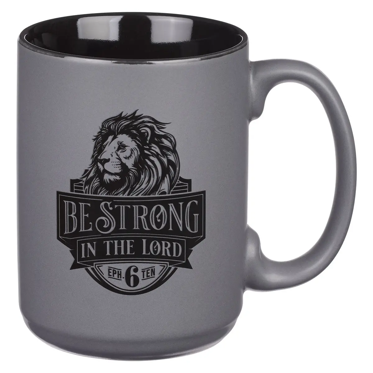 Be Strong In The Lord Matte Grey Ceramic Mug With Black Interior 1