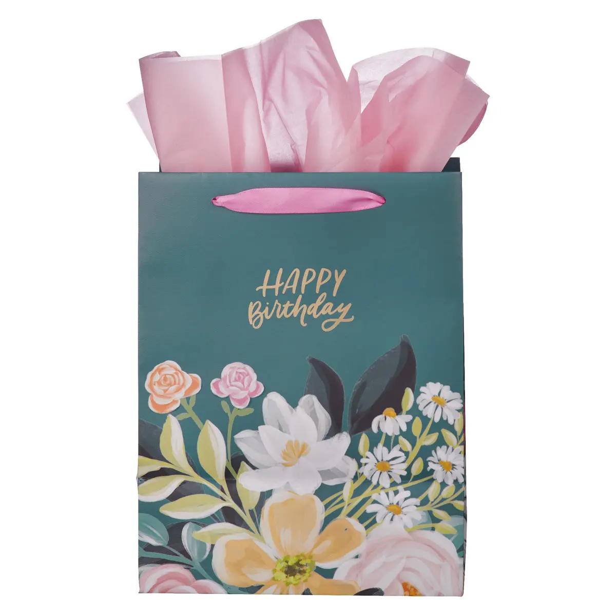 Happy Birthday Dark Floral Portrait Gift Bag With Gift Tag 2