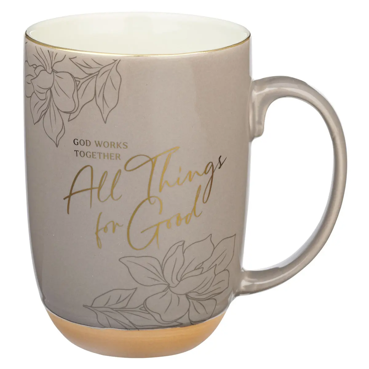 God Works Together All Things For Good Taupe Ceramic Mug With Cream Interior 1