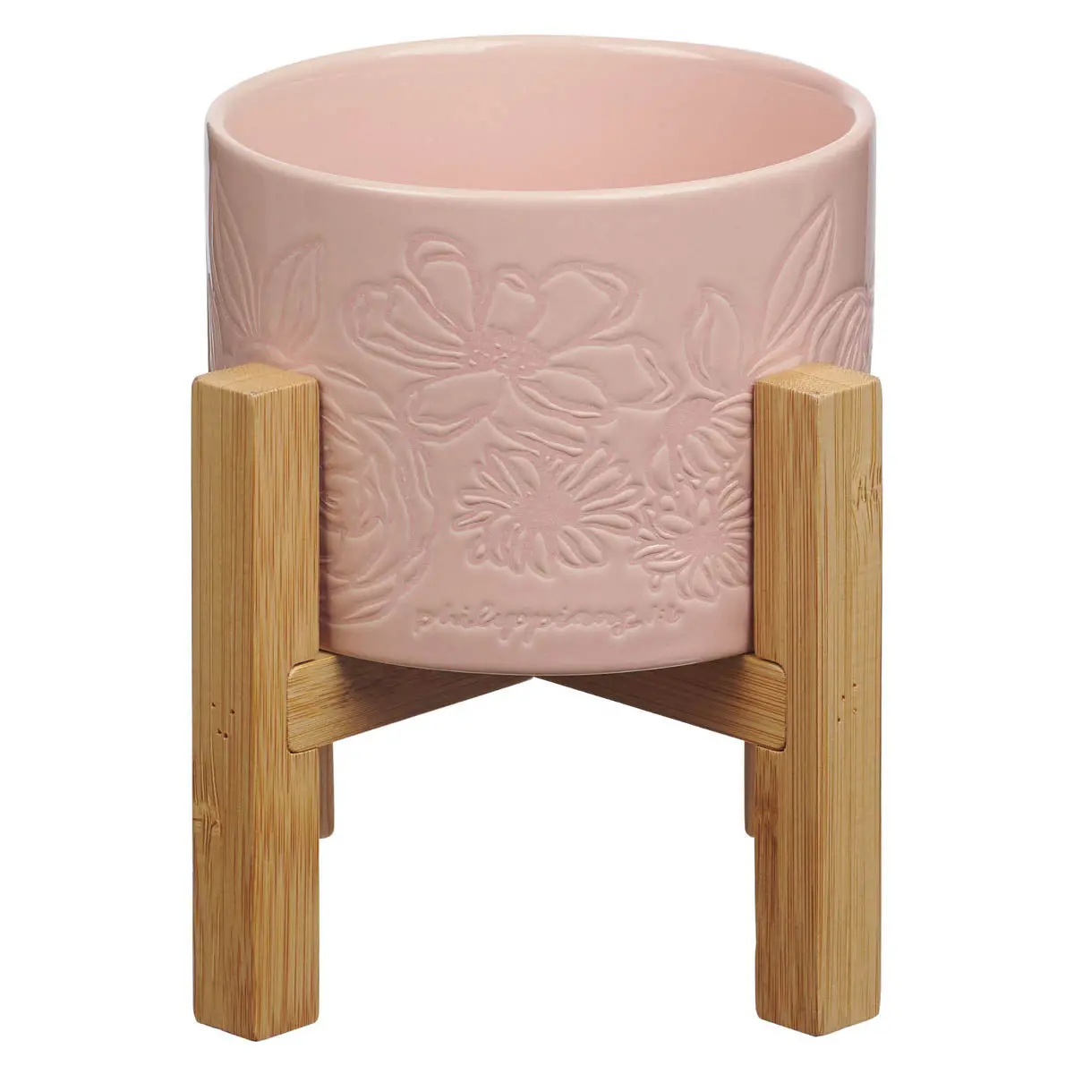 Pink Floral Ceramic Planter With Wooden Stand Set 1