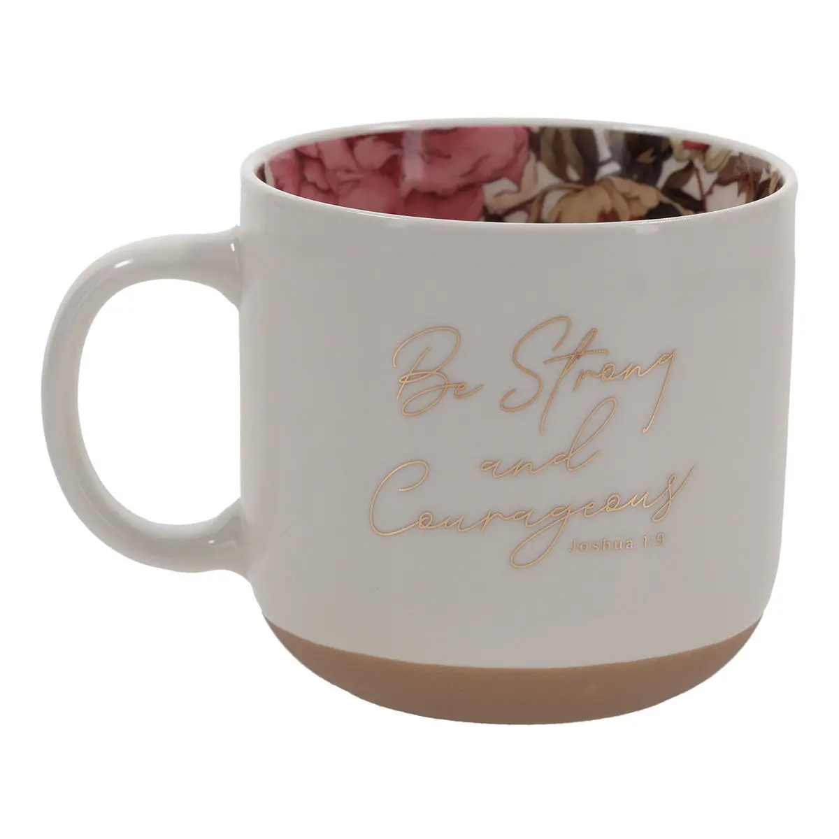 Be Strong And Courageous White Ceramic Mug With Floral Interior 2