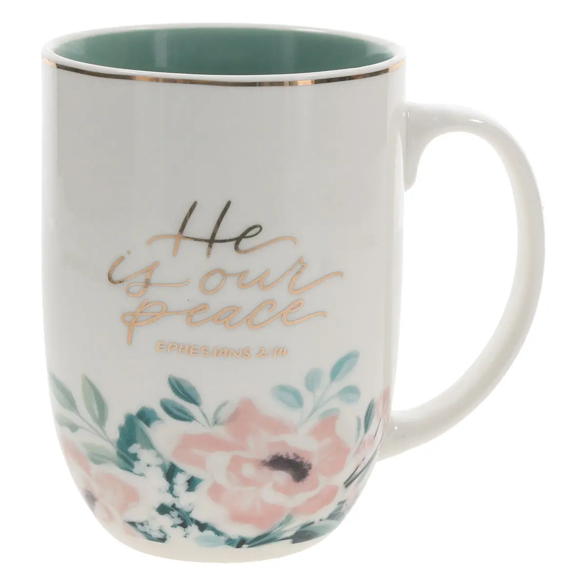 He Is Our Peace Ceramic Mug With Green Interior 1
