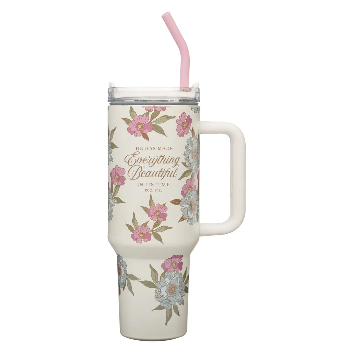 He Has Made Everything Beautiful Ivory Large Stainless Steel Mug With Handle And Straw 1