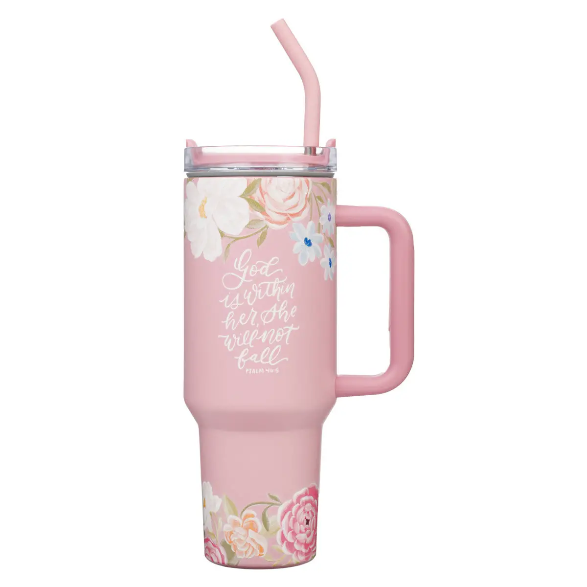 God Is Within Her, She Will Not Fall Large Stainless Steel Mug With Handle And Straw 1