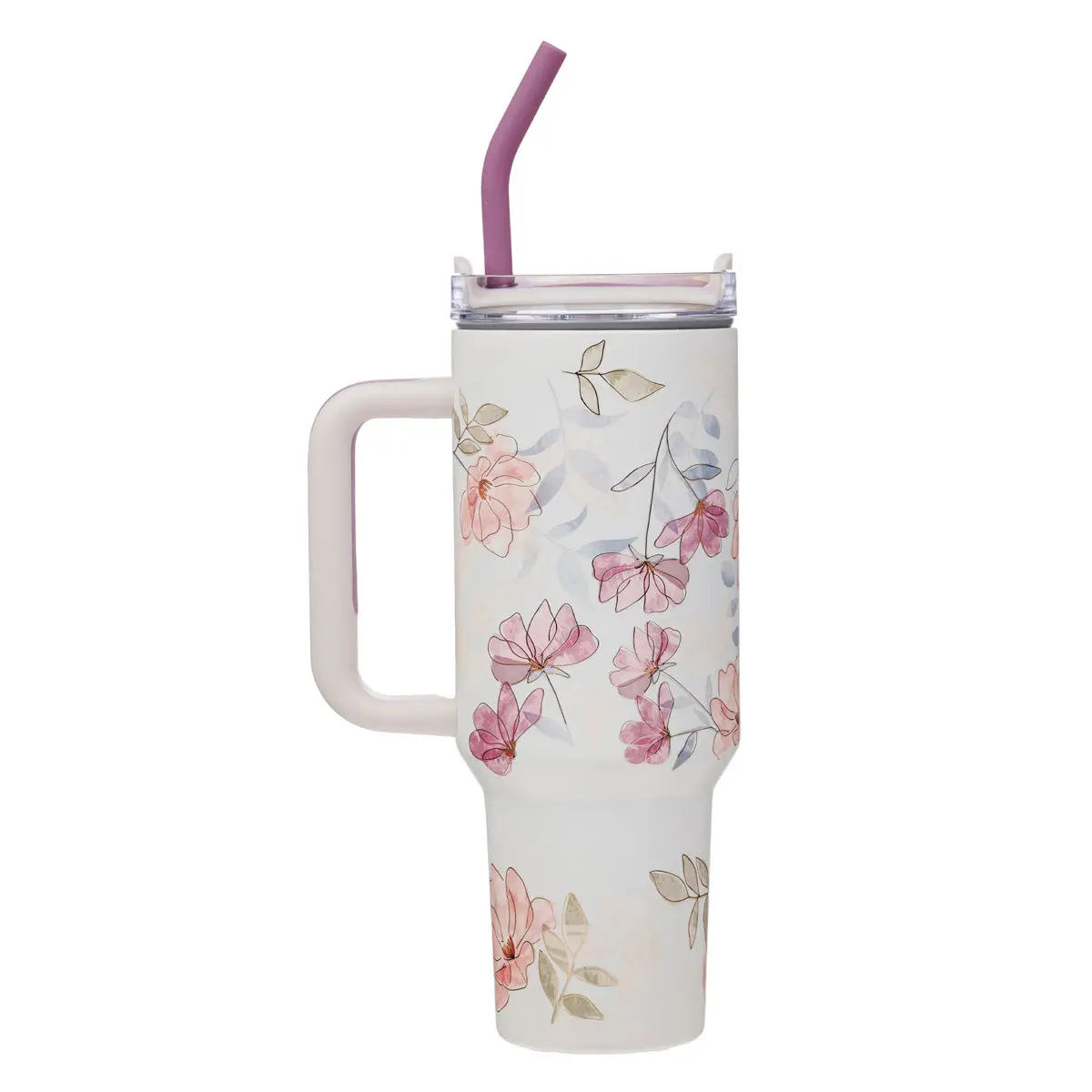 Walk By Faith White Floral Large Stainless Steel Mug With Handle And Straw 2