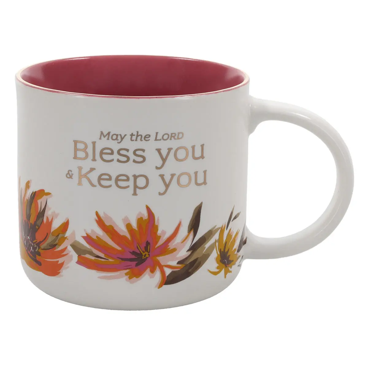 May The Lord Bless You And Keep You Floral Ceramic Mug With Pink Interior 1