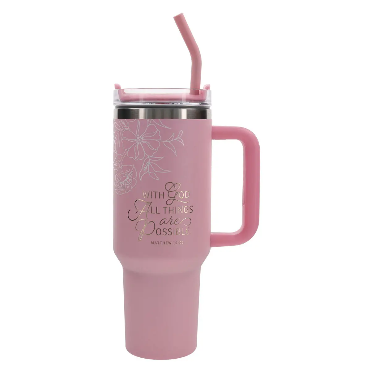 With God All Things Are Possible Pink Large Stainless Steel Mug With Handle And Straw 1