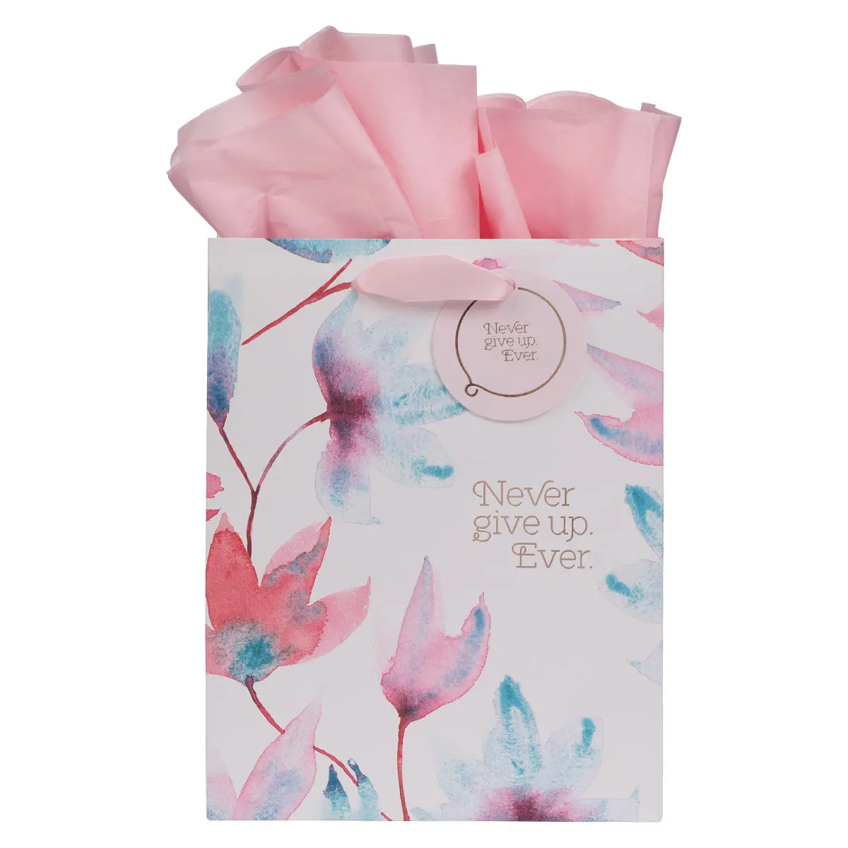 Never Give Up Ever Pink Petals Medium Gift Bag With Gift Tag 1
