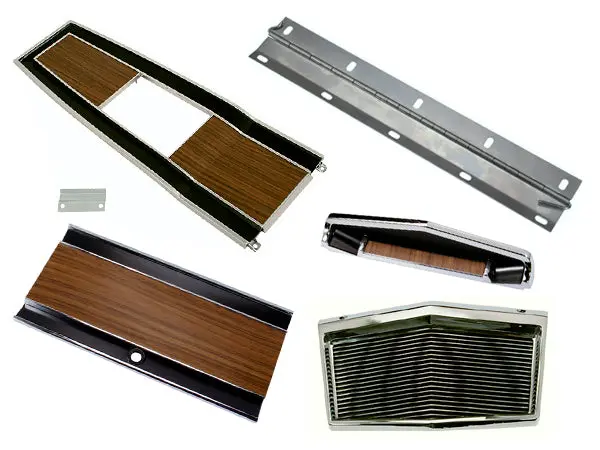 131-70Set Mopar 1969-70 B-Body Woodgrain 4 Speed Console Plate Kit 1