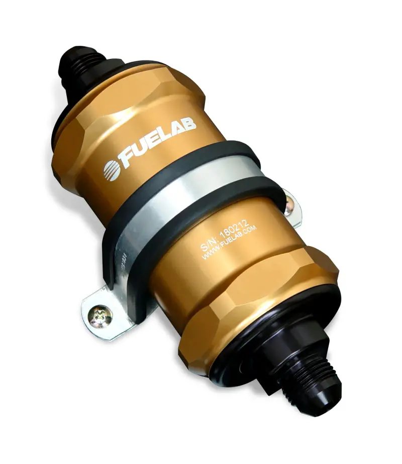 Fuelab 848 Inline Fuel Filter — -6An Ports, 10-Micron Fabric Media With Integrated Check Valve, Gold Anodized 1