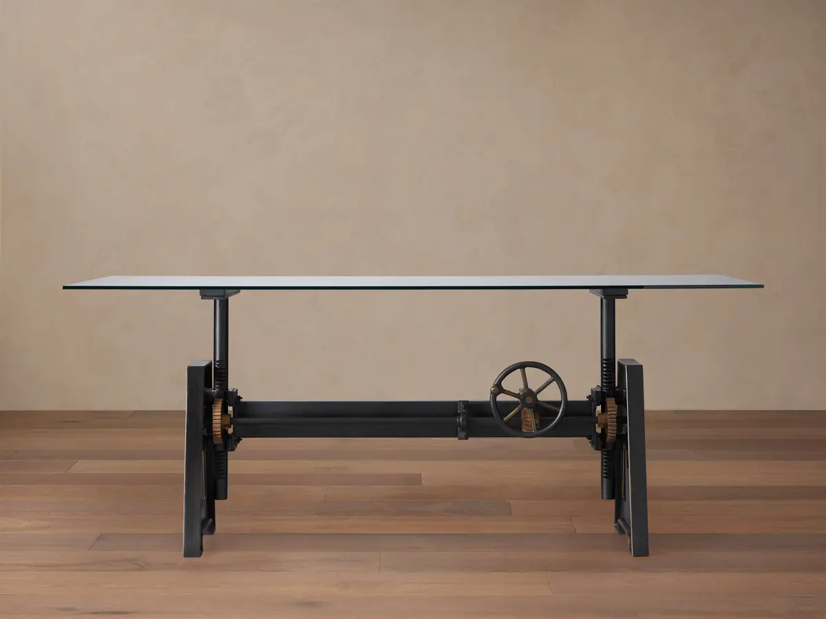 Industrial Crank Desk With Glass Top And Large Black Rubbed Copper Base 1