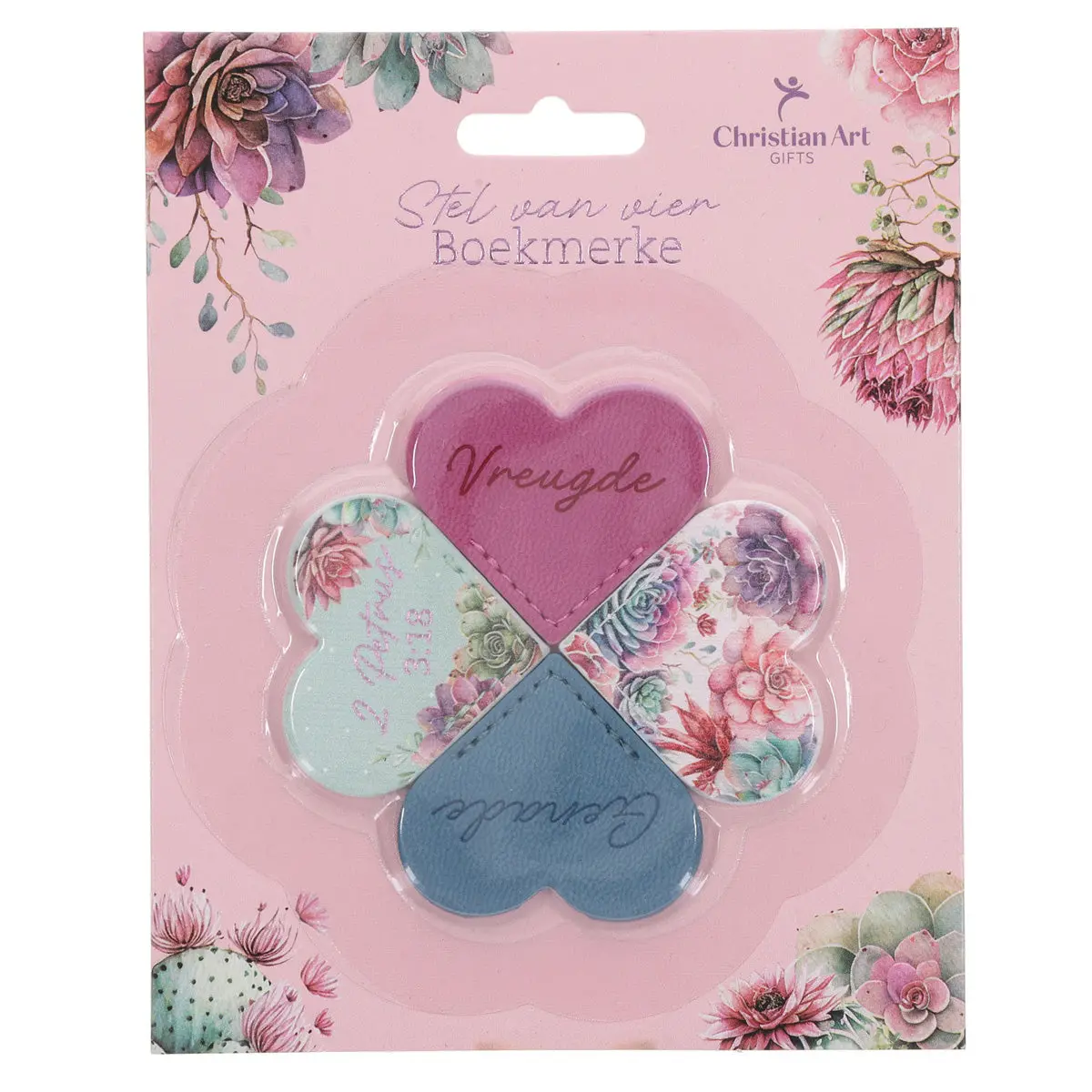 Vreugde En Genade Afrikaans Four-Piece Faux Leather Heart Corner Bookmark Set 1