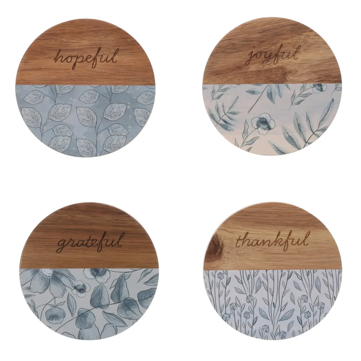 Grateful, Hopeful, Thankful And Joyful Four-Piece Wooden Coaster Set 1