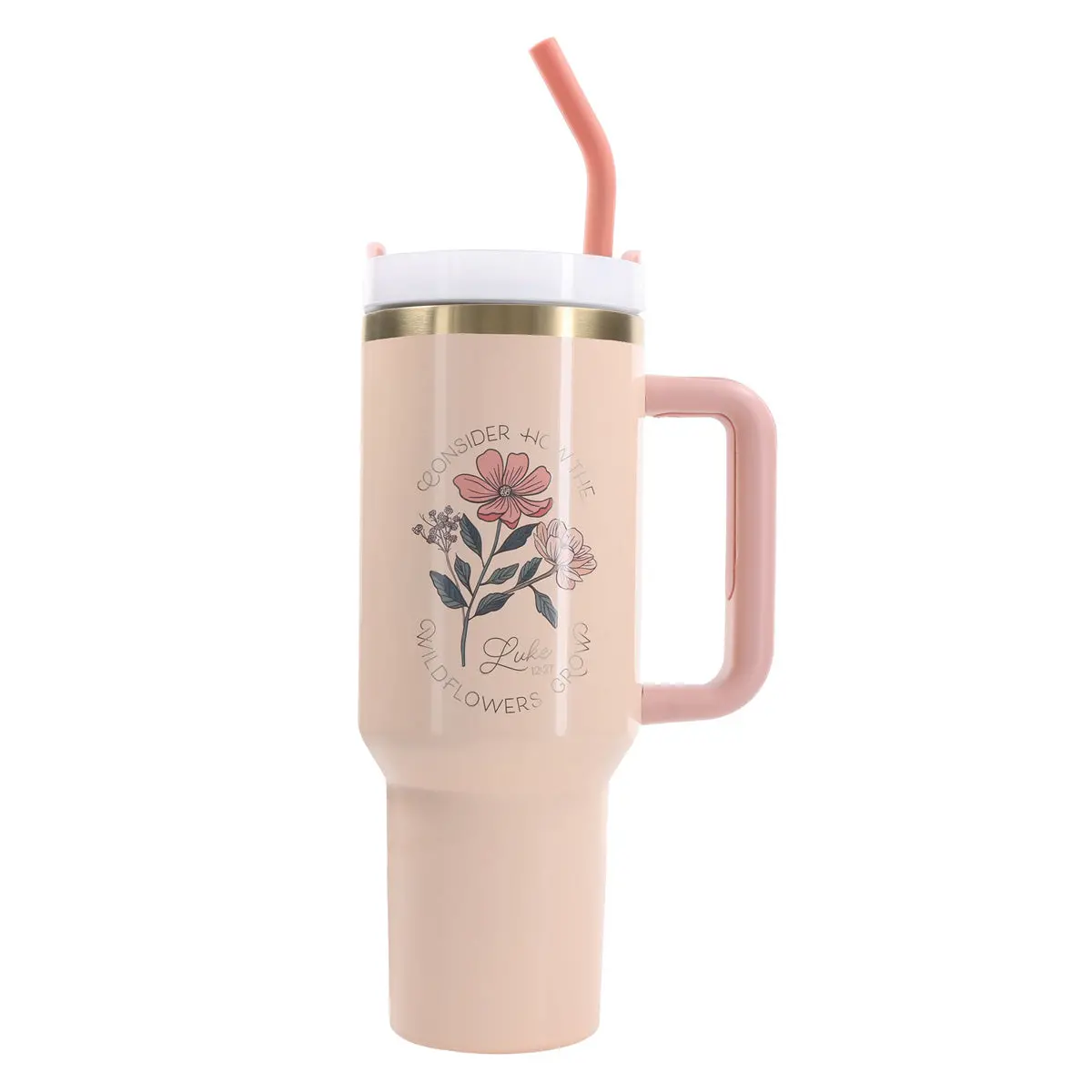 Consider How The Wildflowers Grow Peach Large Stainless Steel Mug With Handle And Straw 1