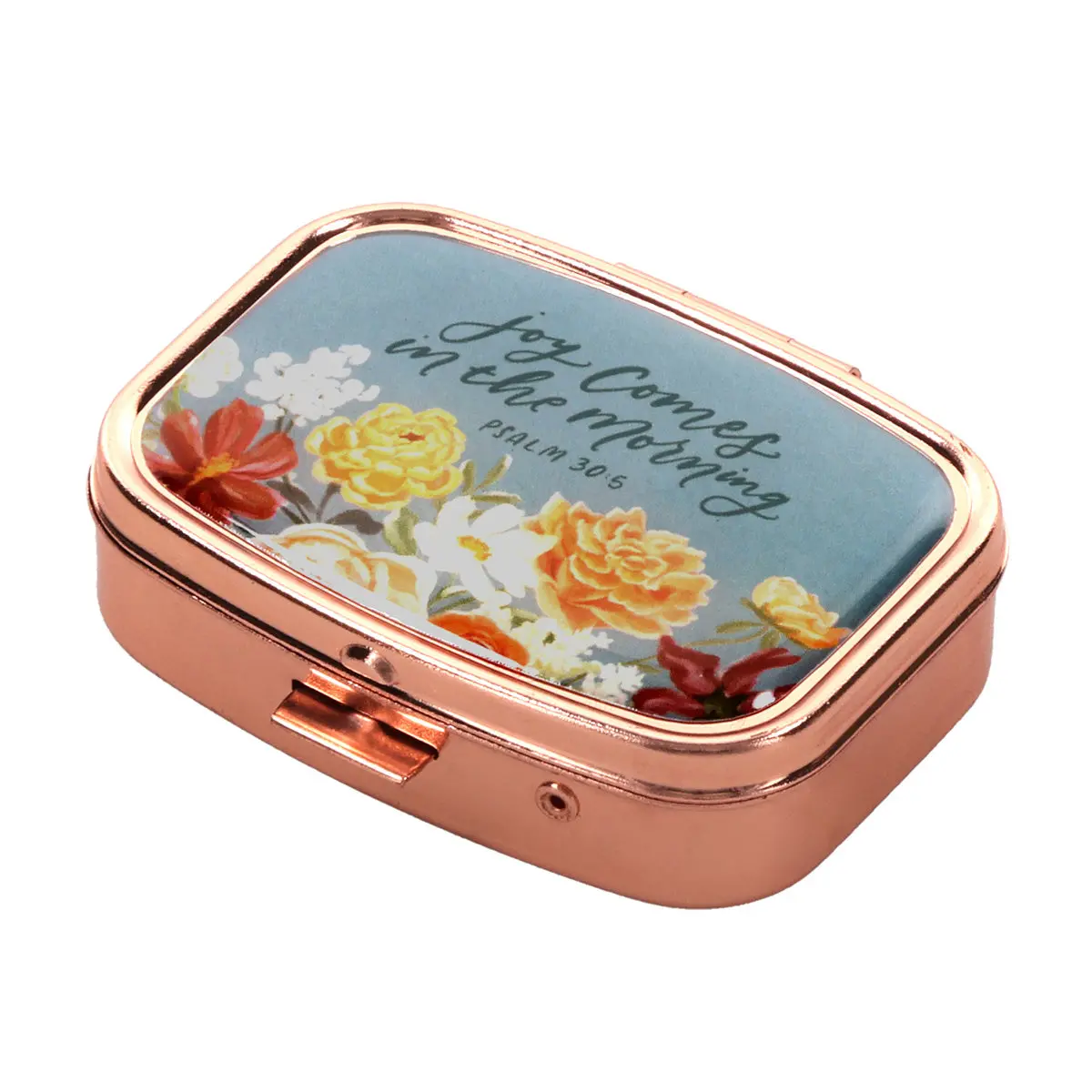 Joy Comes In The Morning Epoxy Rose Gold Metal Pill Case With Mirror 1