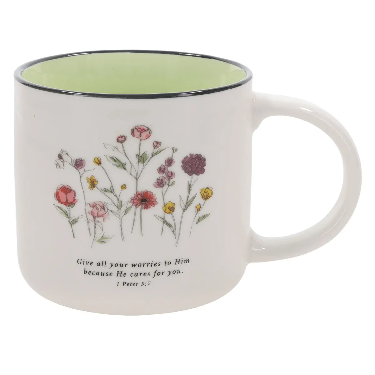 Give All Your Worries To Him Because He Cares For You Floral Ceramic Mug With Green Interior 1