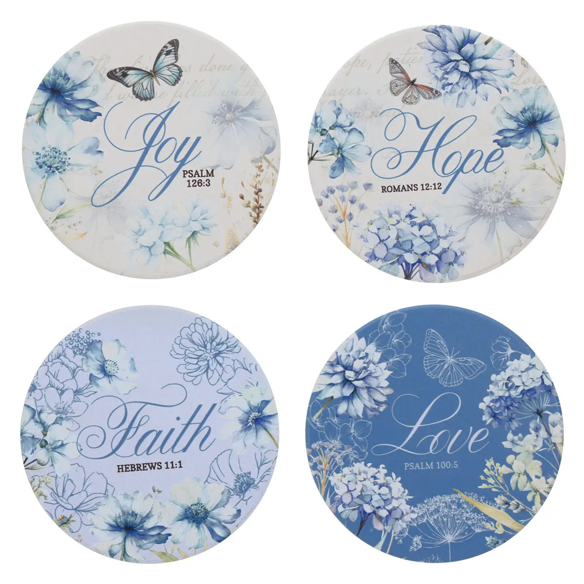 Joy, Love, Faith, Hope Four-Piece Ceramic Coaster Set 1