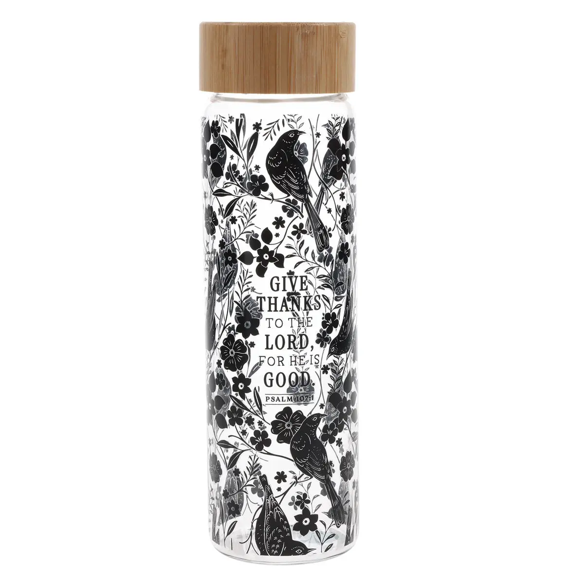 Give Thanks To The Lord, For He Is Good Glass Water Bottle With Bamboo Lid 1