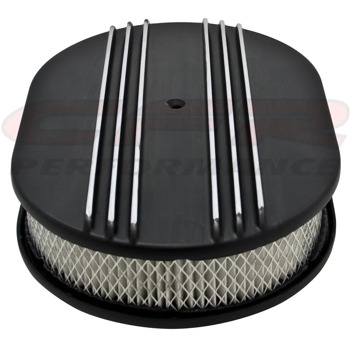 Chevy-Ford-Mopar Aluminum 12" Oval Air Cleaner Paper Filter Polished Partial Finned - Black 1