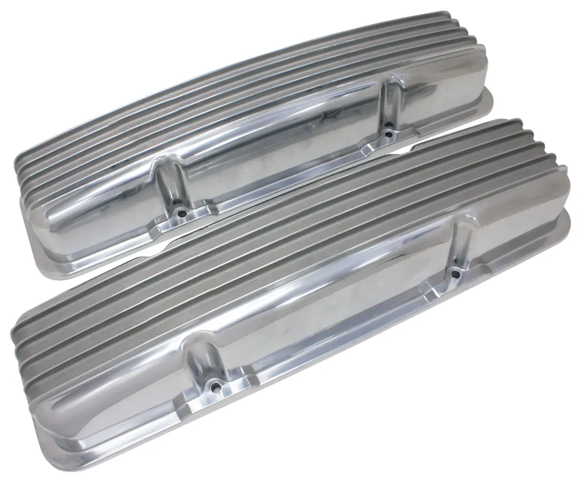 Aluminum Valve Covers – Short Style – Compatible With Chevy Small Block 283‑400 – Finned – No Holes - Polished 1