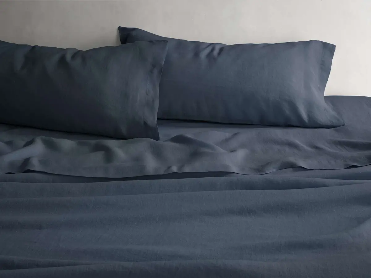 Italian Garment-Dyed Linen Sheet Set In Indigo 1