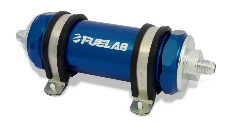 Fuelab 828 In-Line Fuel Filter – 8An Inlet/Outlet, 6-Micron Fiberglass, Blue Housing 1