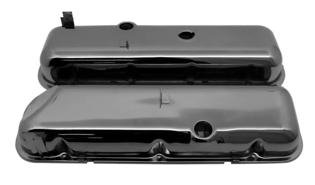 Steel Oem‑Style Tall Valve Covers Fits 1965–1972 Chevy Bb 396‑427‑454 – Recessed Corner – 1–2 Holes – Black Chrome 1