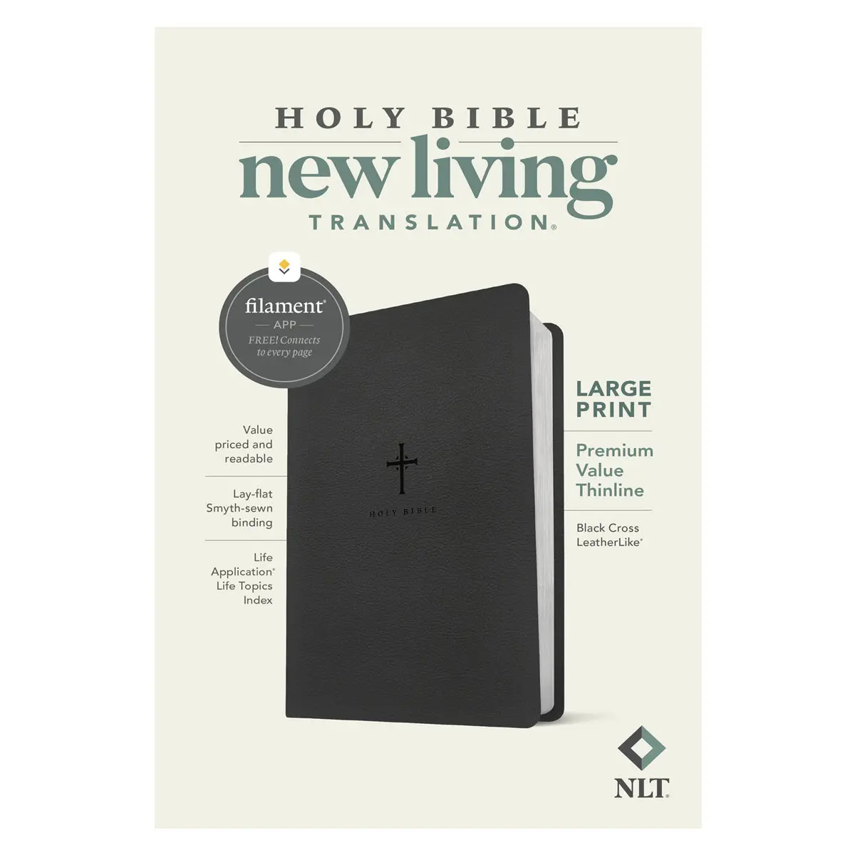Nlt Black Cross Imitation Leather Filament Premium Value Thinline Bible Large Print 1