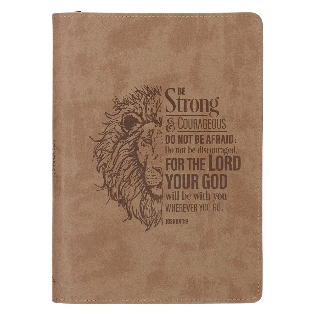 Be Strong And Courageous Lion Tan Faux Leather Journal With Zipped Closure 1