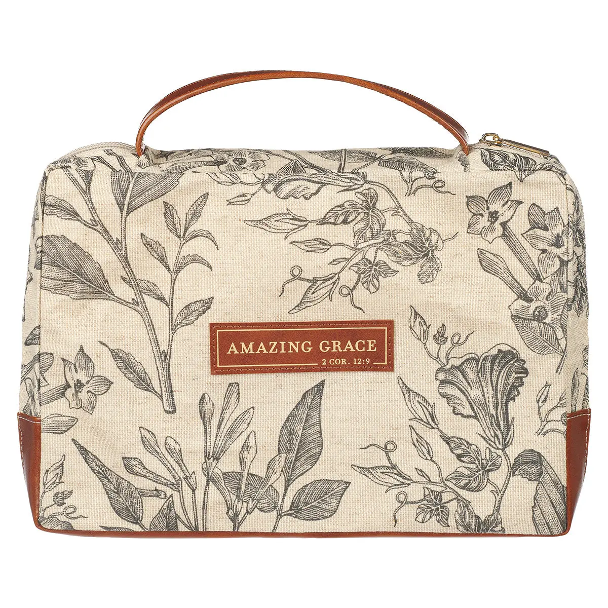 Amazing Grace Floral Cream And Brown Canvas Bible Bag - 2 Cor 12:9 1