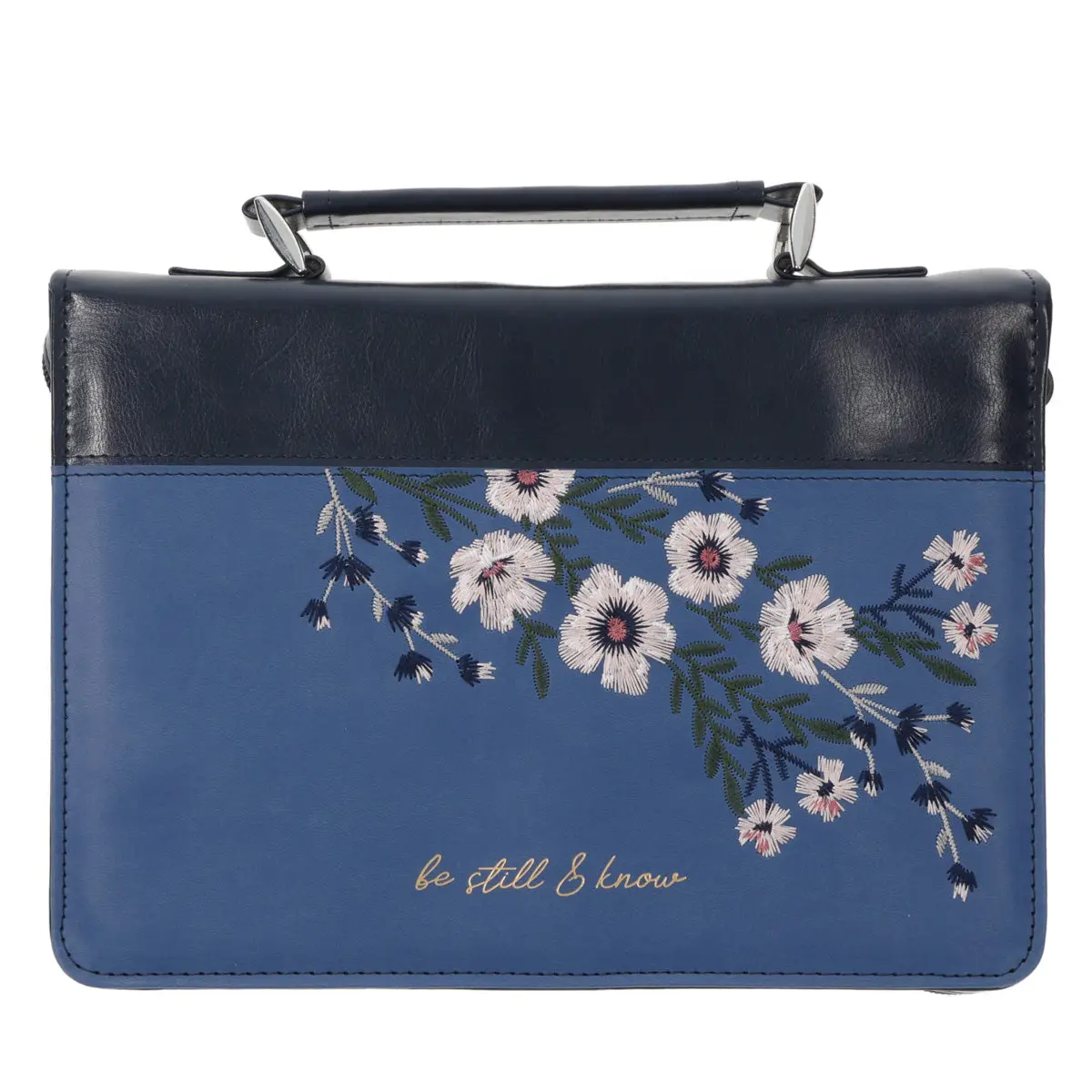 Be Still And Know Embroidered Blue Faux Leather Bible Bag 1