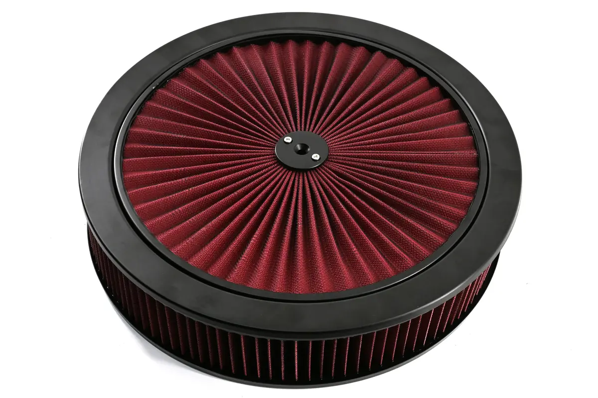 14" Black Steel Air Cleaner Set - Red Cotton Washable Air Cleaner Filter - Hi-Lip Base, Compatible With Chevy/Ford/Mopar 1