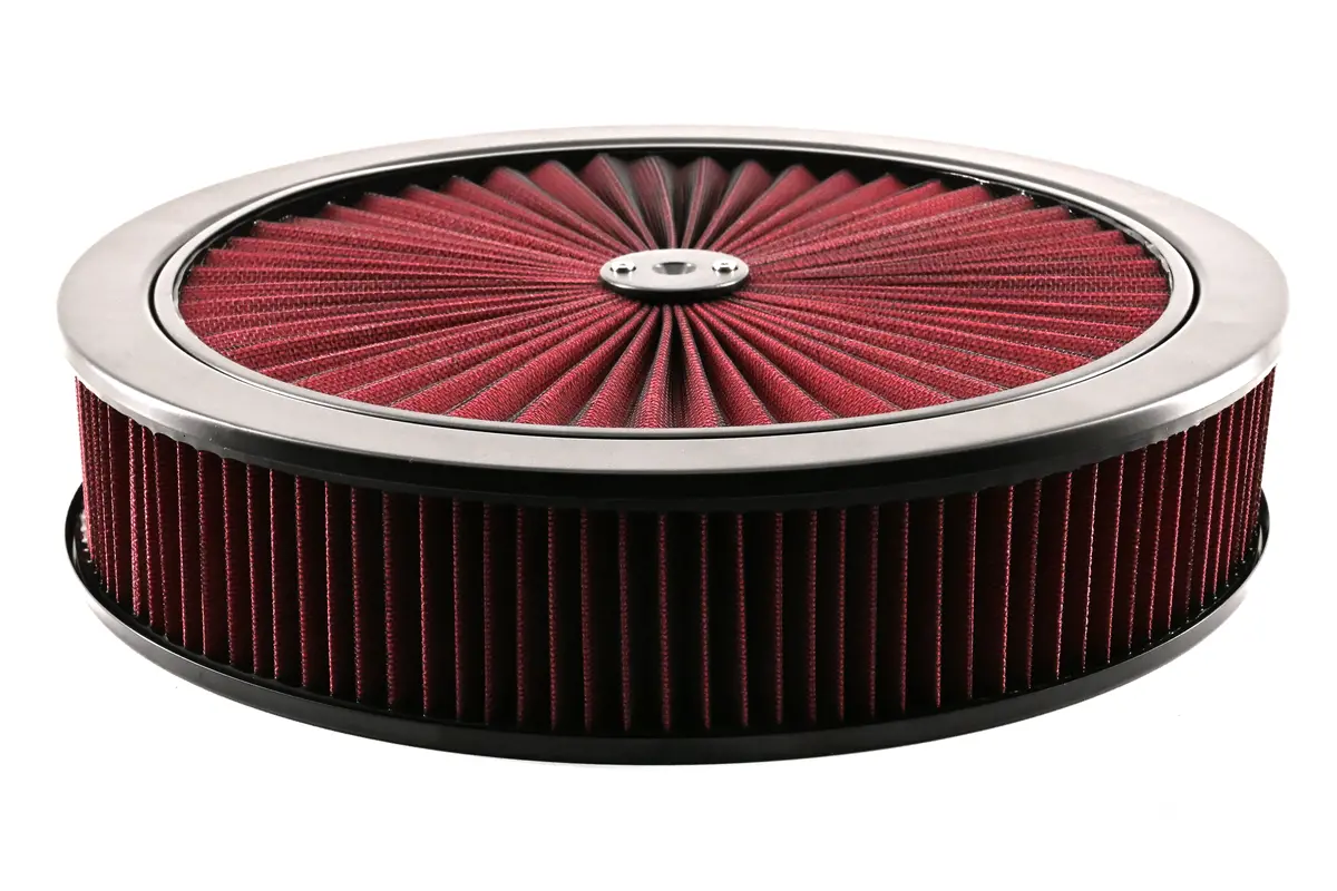 14" Black Steel Air Cleaner Set - Red Cotton Washable Air Cleaner Filter - Flat Base, Compatible With Chevy/Ford/Mopar 1