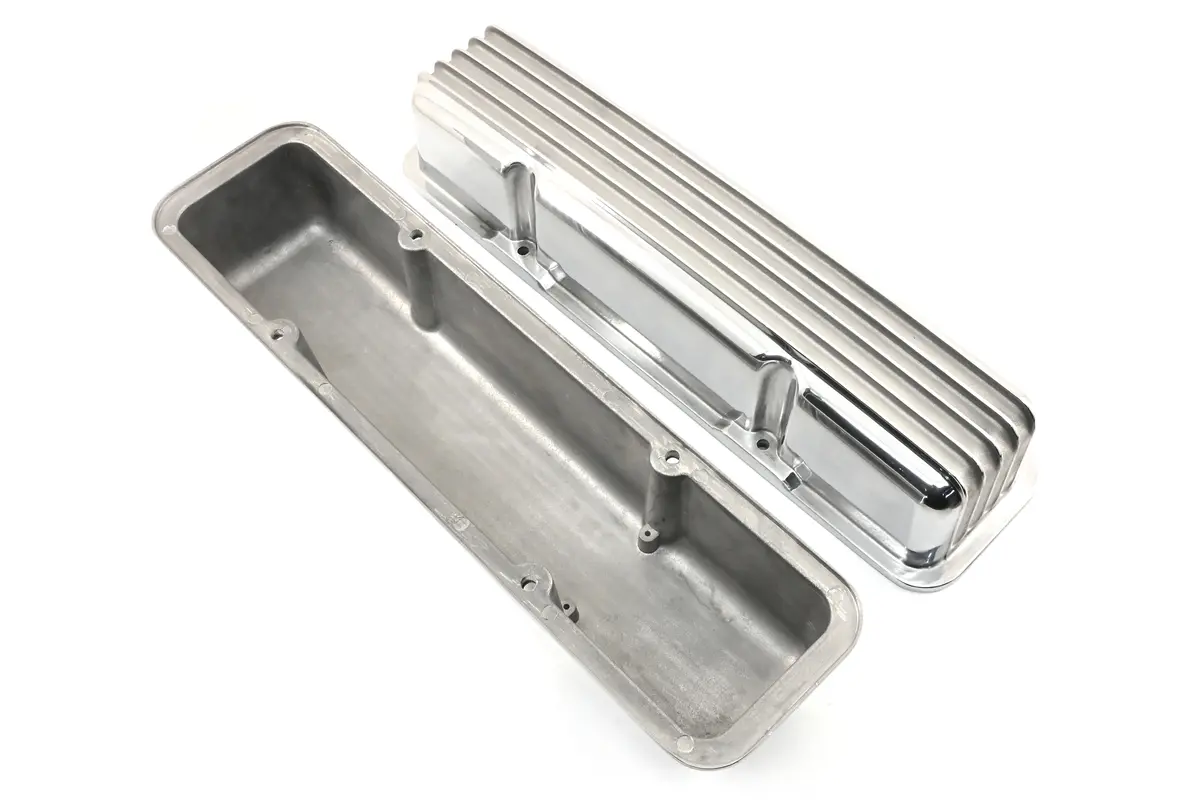 Aluminum Tall Valve Covers Fits 1958–86 Chevy Small Block 283 / 305 / 327 / 350 / 383 / 400 – Full Finned – No Holes – Polished Finish 2