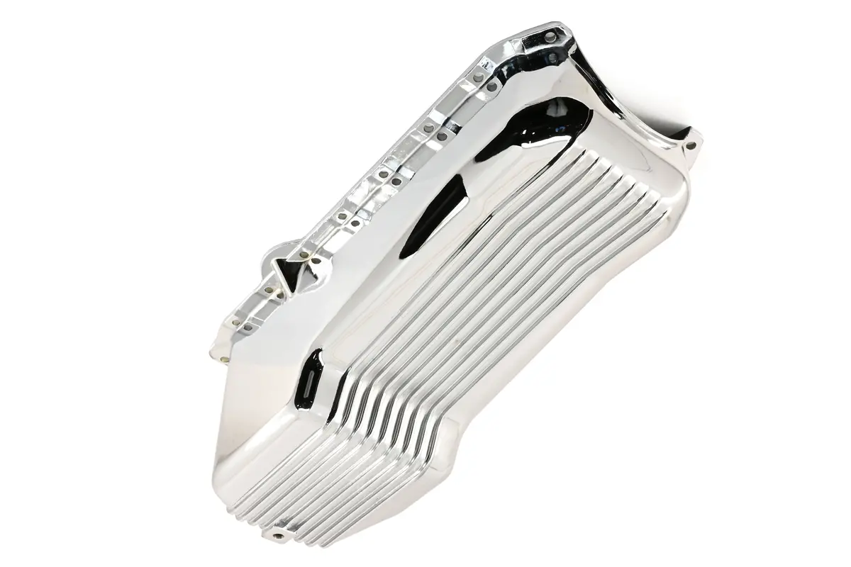 Aluminum Oil Pan – Fits 1986–2002 Chevy Small Block 262–400 – Retro Finned – Chrome Finish 1