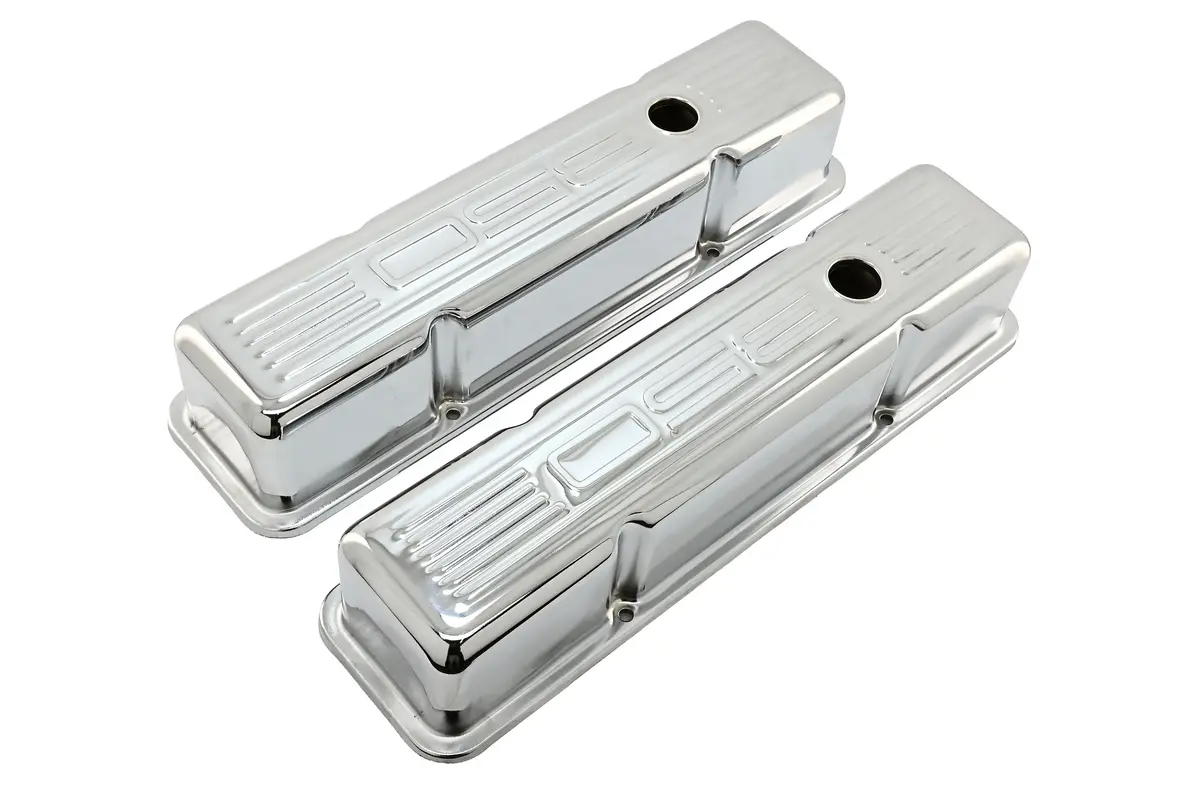 Tall Steel Valve Covers – Fits 1958–1986 Chevy Small Block 283‑305‑327‑350 (Stamped “350” Logo, 1 Hole Each) – Chrome Finish 1