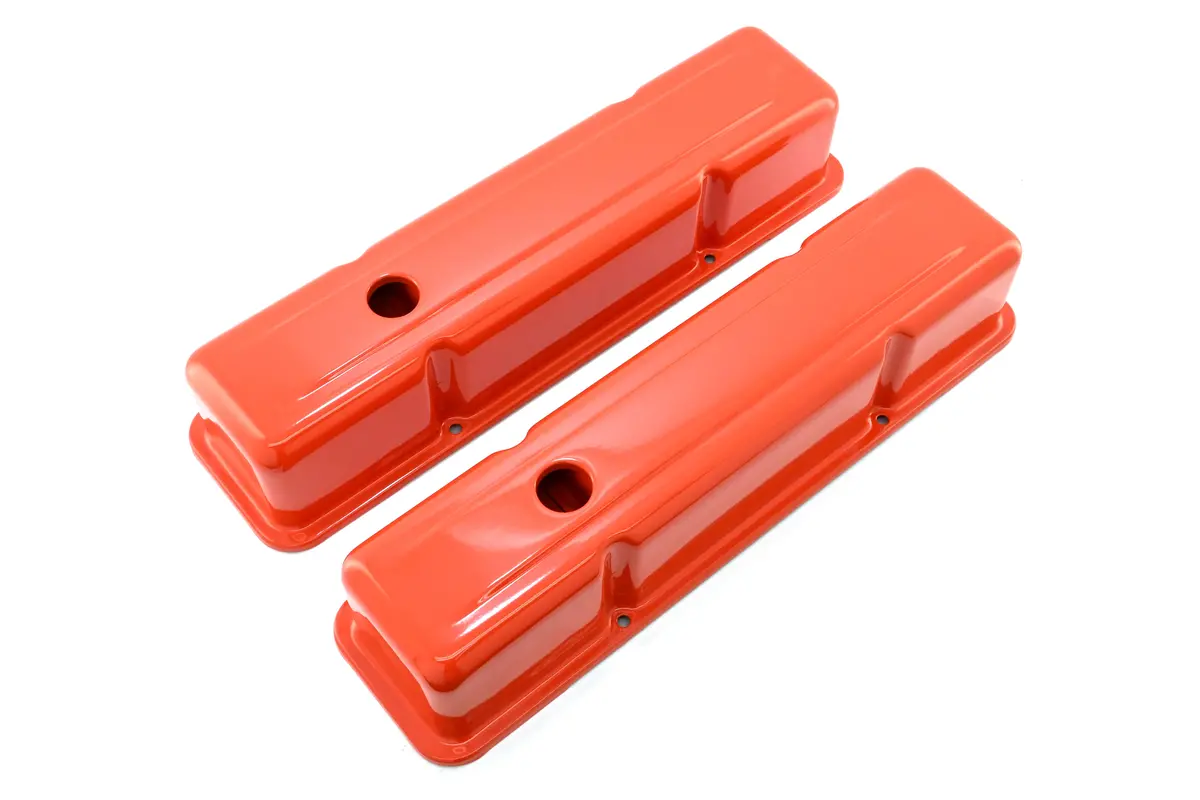 Steel Tall Valve Covers – Fits 1958–86 Chevy Small Block 283-400 – 1 Hole – Orange 1