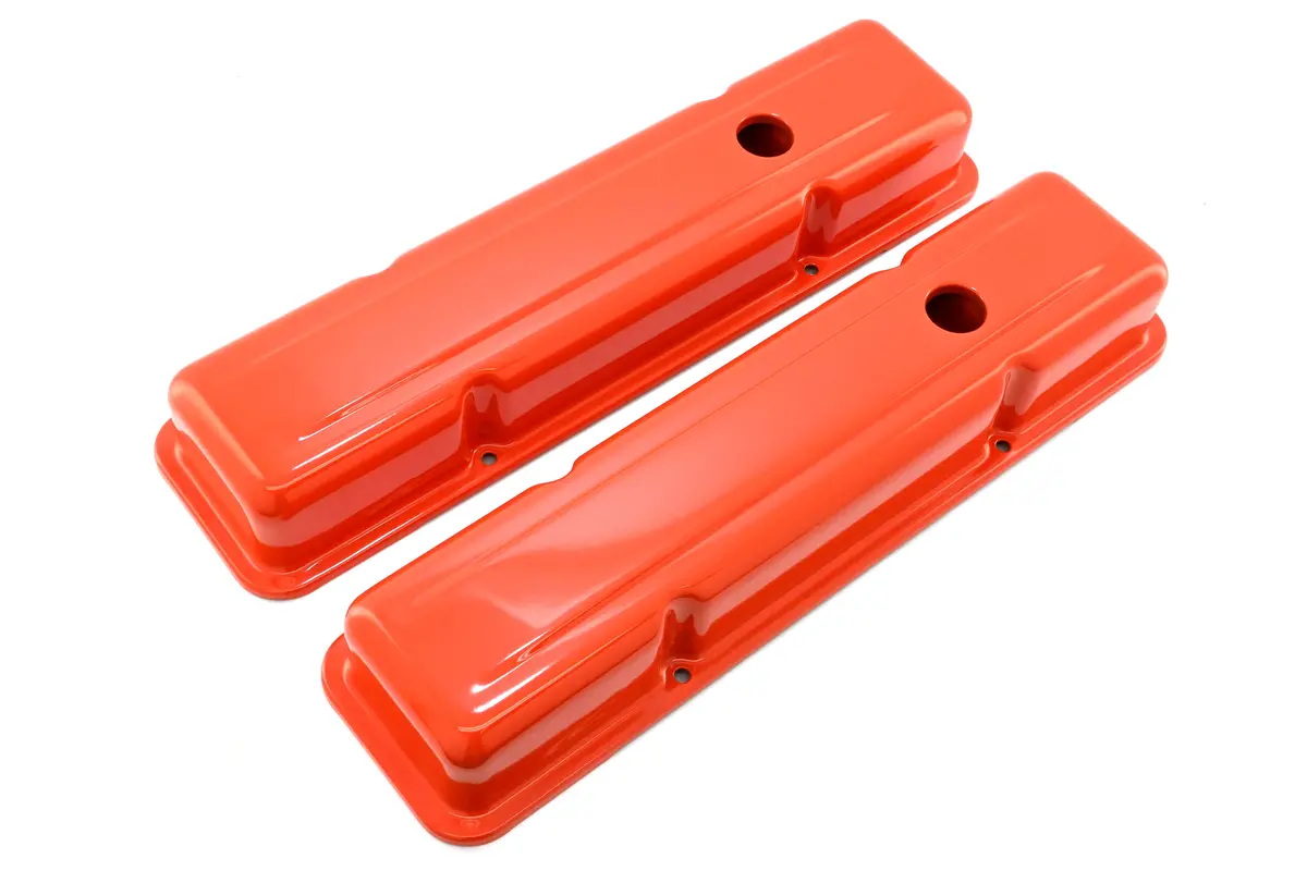 Steel Short Valve Covers – Fits 1958–86 Chevy Sb 283-305-327-350-400 – Smooth – Orange 1