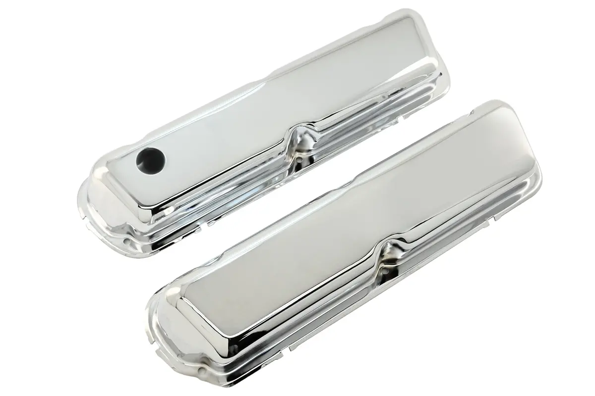 Steel Valve Covers Fits 1986–95 Ford 302 5.0L Fox‑Body Mustang – Smooth – 1 Hole & 1 No‑Hole – Chrome 1