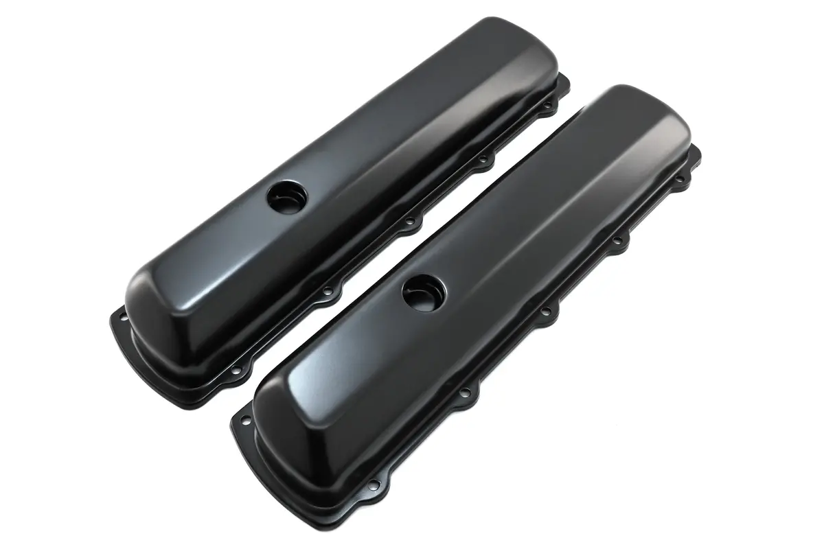 Steel Valve Covers – Fits 1964–1980 Oldsmobile 330‑350‑400‑425‑455 (Stock Height, 1 Push‑In Hole, Smooth Top) – Black Finish 1