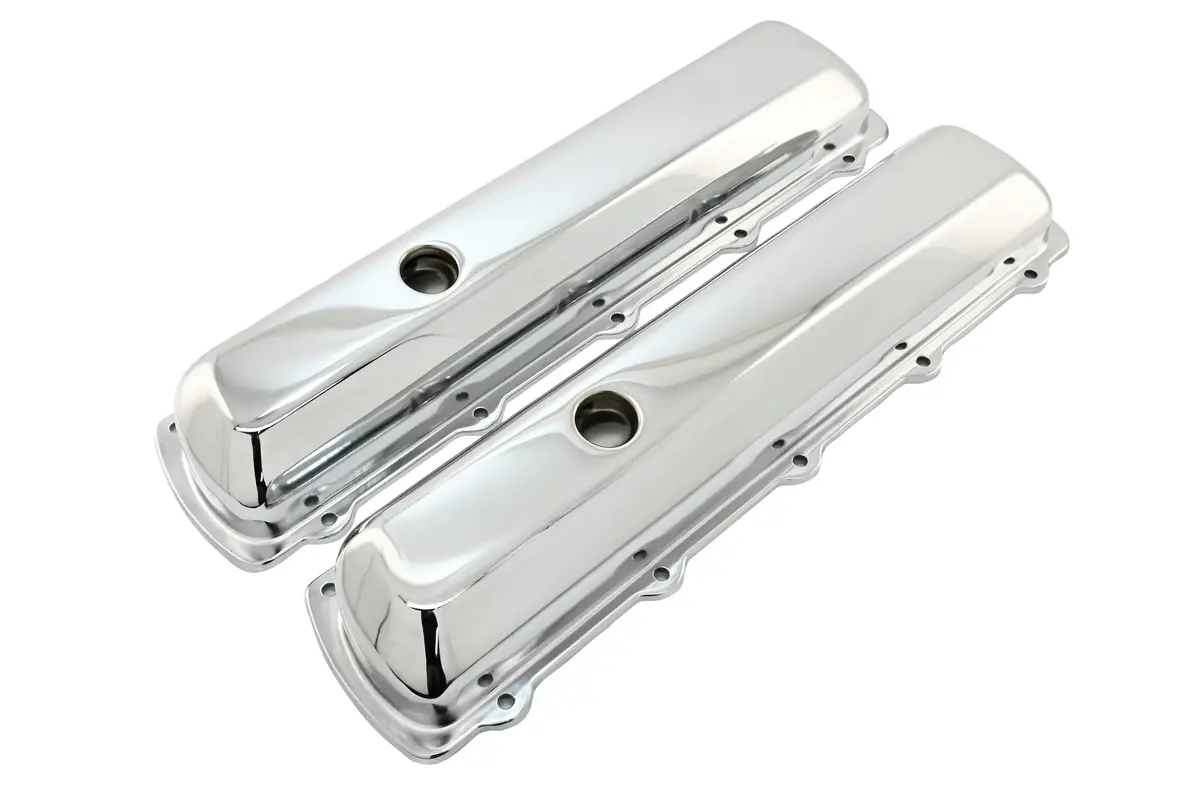 Steel Valve Covers – Fits 1964–1980 Oldsmobile 330‑350‑400‑425‑455 (Stock Height, 1 Push‑In Hole, Smooth Top) – Chrome Finish 1