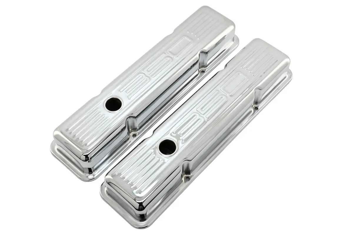 Steel Valve Covers For 1958–1986 Chevy Small Block 283-305-327-350 – Short Style – Stamped 350 Logo With Ball Mill – Chrome 1