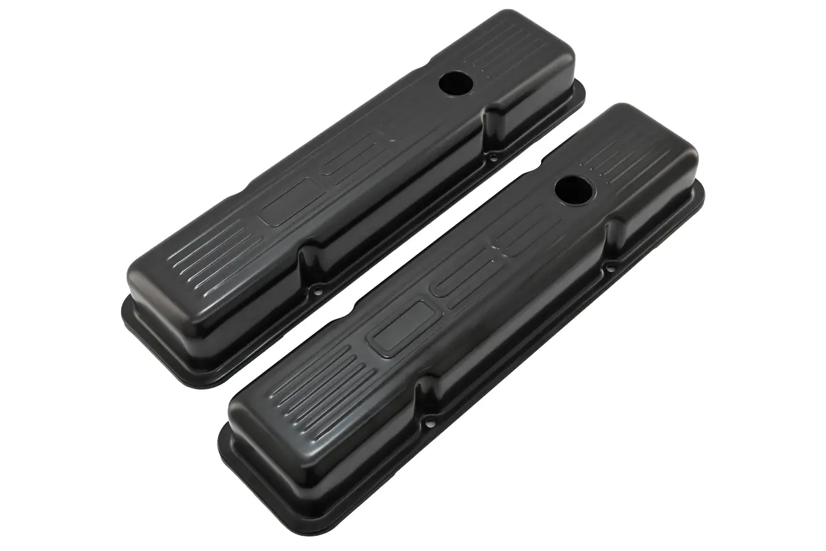 Steel Valve Covers For 1958–1986 Chevy Small Block 283-305-327-350 – Short Style – Stamped 350 Logo With Ball Mill – Black 1