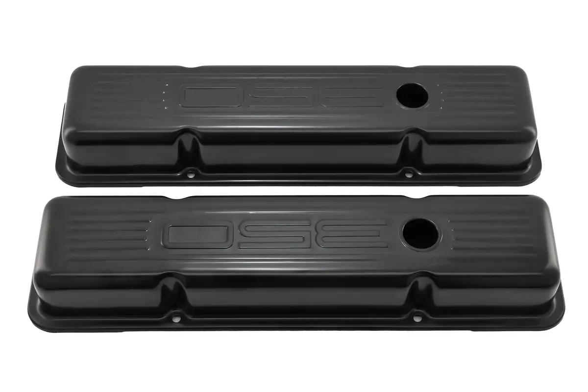 Steel Valve Covers For 1958–1986 Chevy Small Block 283-305-327-350 – Short Style – Stamped 350 Logo With Ball Mill – Black 2