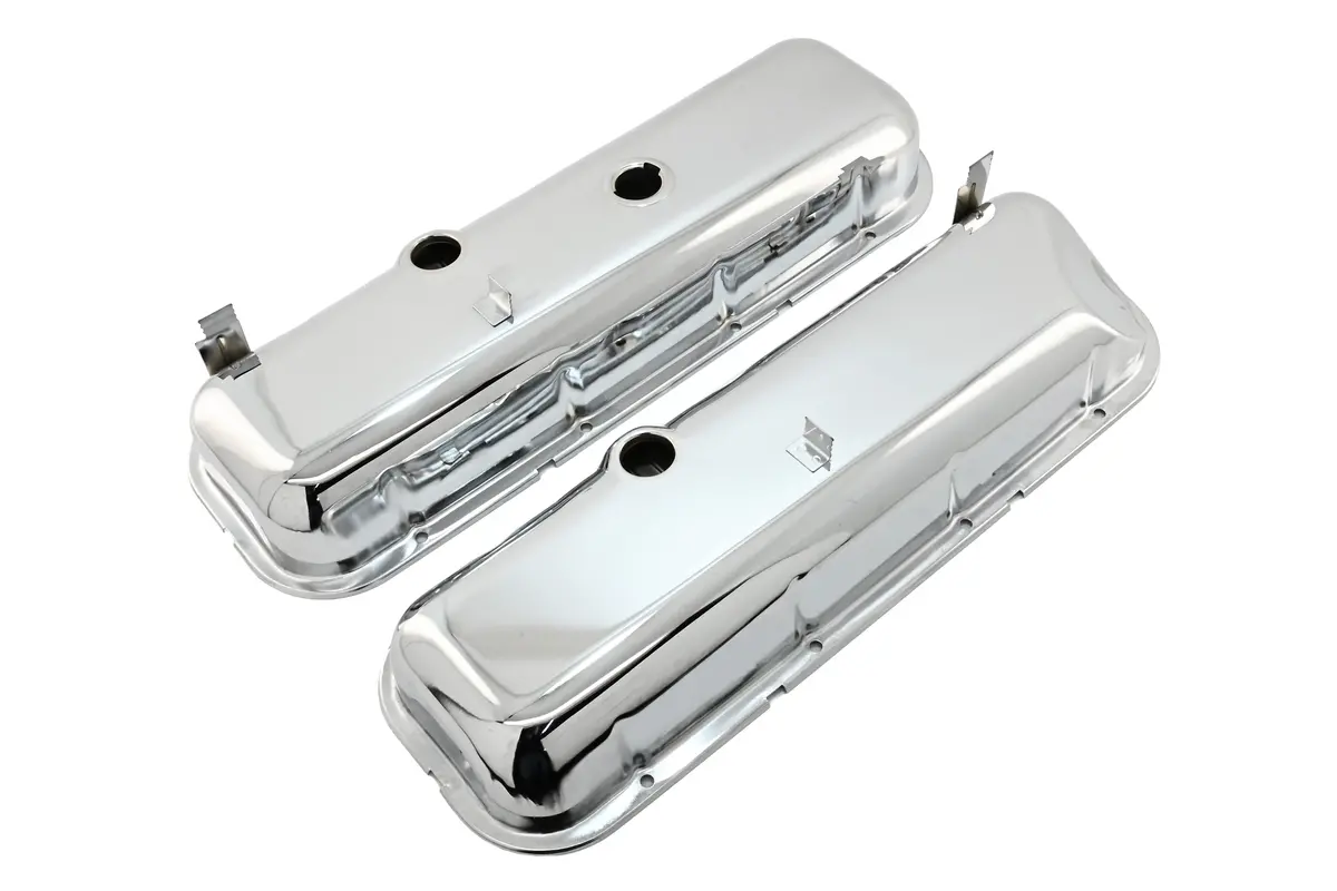 Steel Oem‑Style Tall Valve Covers Fits 1965–1972 Chevy Bb 396‑427‑454 – Recessed Corner – 1–2 Holes – Chrome 1