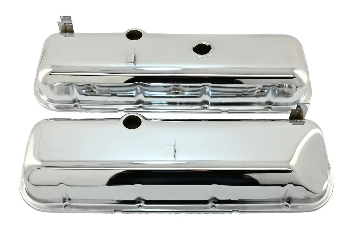 Steel Oem‑Style Short Valve Covers Fits 1965–1972 Chevy Bb 396‑427‑454 – Recessed Corner – 1–2 Holes – Chrome 1