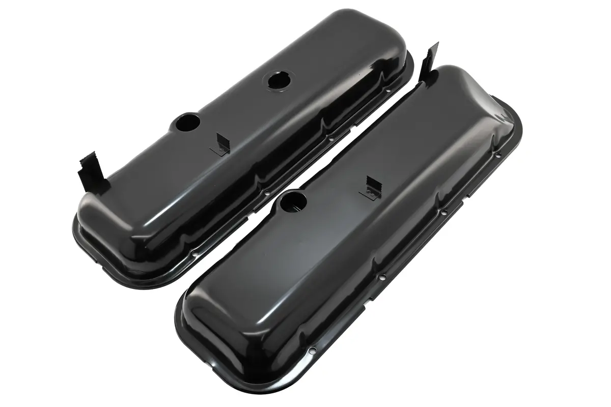 Steel Oem‑Style Short Valve Covers Fits 1965–1972 Chevy Bb 396‑427‑454 – Recessed Corner – 1–2 Holes – Black (With Dripper Rails) 1